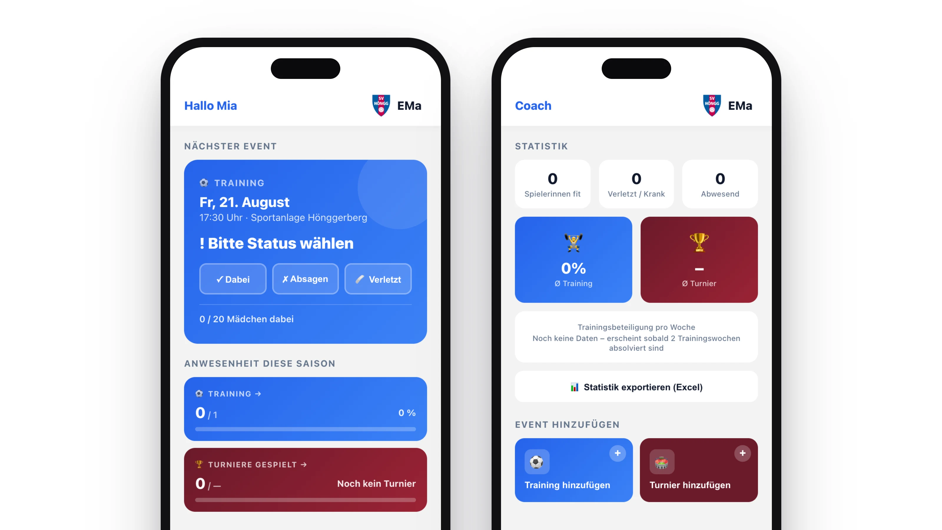 Team-App SV Höngg – Eltern-/Spielerinnen-Ansicht und Coach-Umgebung